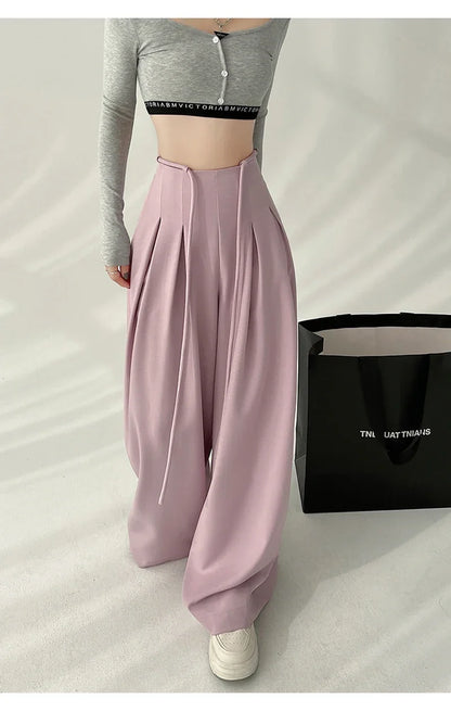 Women’s Streetwear Wide Leg Pants Bottom – Korean High Waist Lace-Up Suit Trousers, Elegant Black Summer Fashion