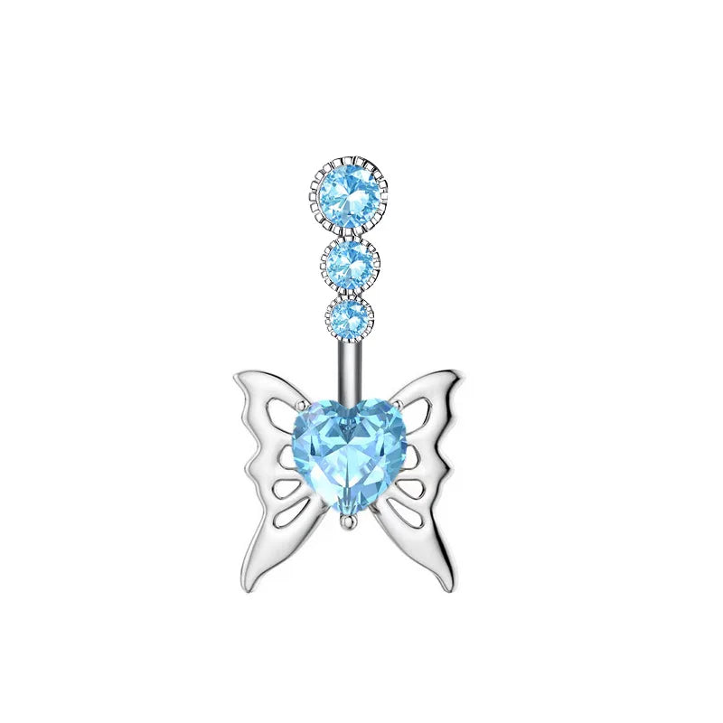 Women’s Blue Crystal Heart Belly Button – 1PC Stainless Steel Butterfly Navel Piercing Body Jewelry