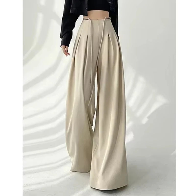 Women’s Streetwear Wide Leg Pants Bottom – Korean High Waist Lace-Up Suit Trousers, Elegant Black Summer Fashion