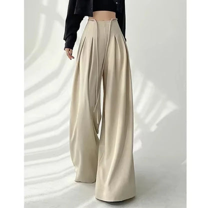 Women’s Streetwear Wide Leg Pants Bottom – Korean High Waist Lace-Up Suit Trousers, Elegant Black Summer Fashion