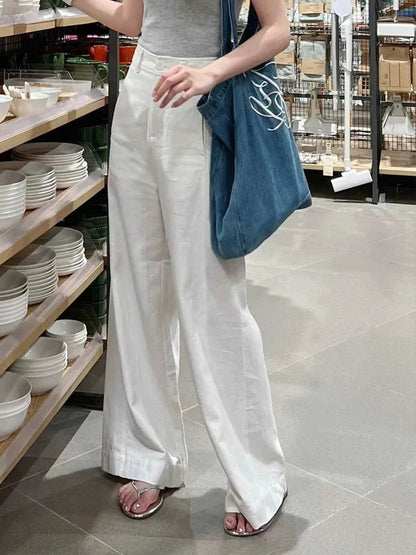 Women’s White Cotton Linen Wide Leg Pants Bottom – High Waist Casual
