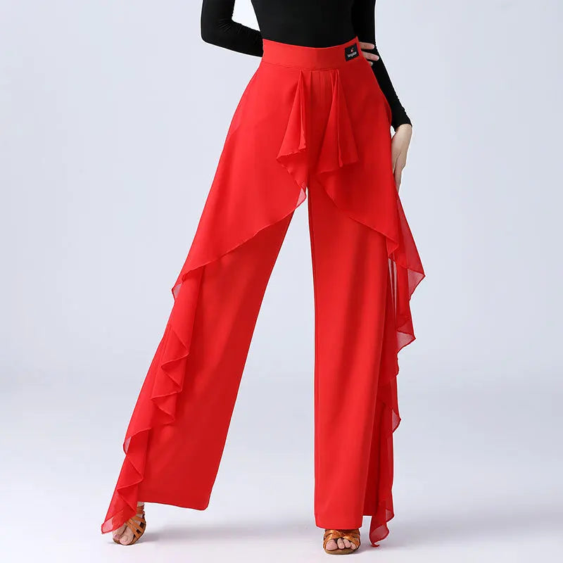 Women’s High-Waist Ruffle Dance Pants – Latin, Tango & Samba Performance Wide-Leg Trousers
