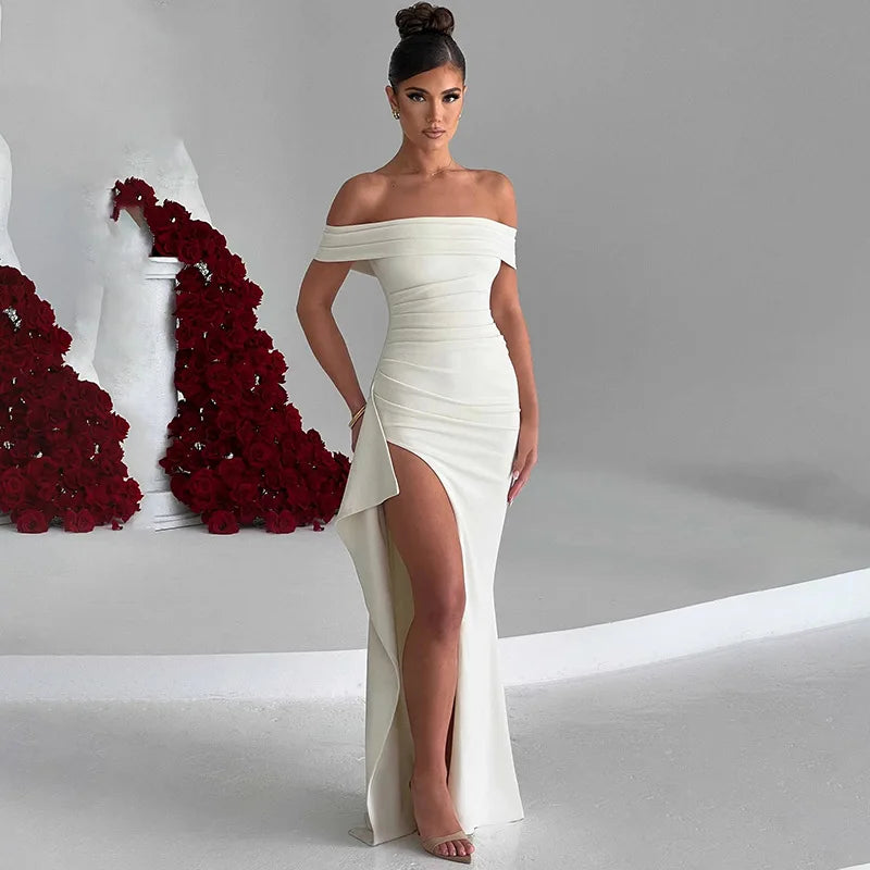 Women’s Off-Shoulder Evening Dress – Elegant High Slit Formal Maxi