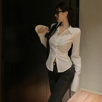 Women’s Korean Bandage Shirt Top – Slim Fit Bell Sleeve Blouse for Spring Casual Streetwear