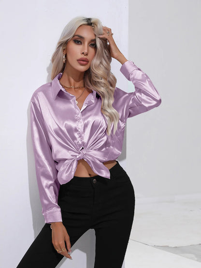 Women’s Satin Imitation Silk Shirt | Long Sleeve Lapel Office Top | Elegant Solid Blouse