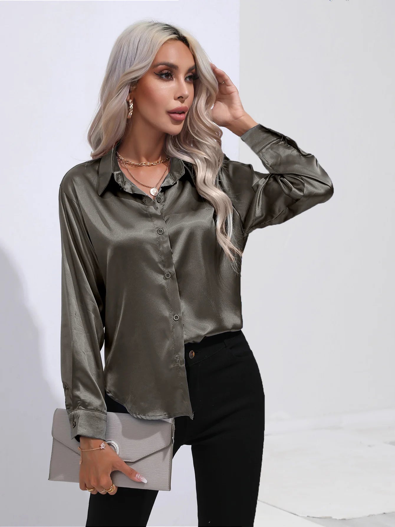 Women’s Satin Imitation Silk Shirt | Long Sleeve Lapel Office Top | Elegant Solid Blouse