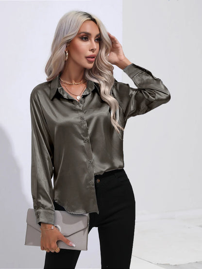 Women’s Satin Imitation Silk Shirt | Long Sleeve Lapel Office Top | Elegant Solid Blouse