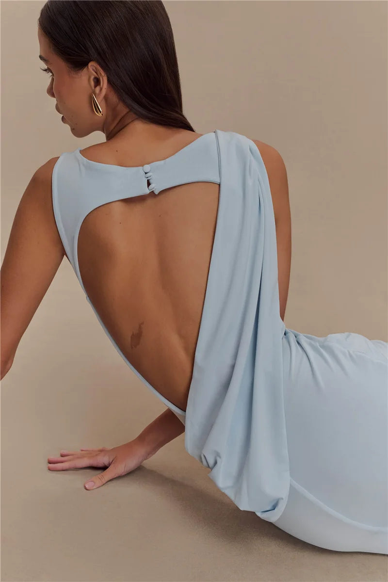 Women’s Backless Ruched Maxi Dress – Elegant Sleeveless High Split Summer Evening Gown