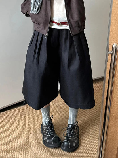 Women’s Solid Black Wide Bermuda Bottom – High Waist Pleated Streetwear Bloomers Casual Unisex Style