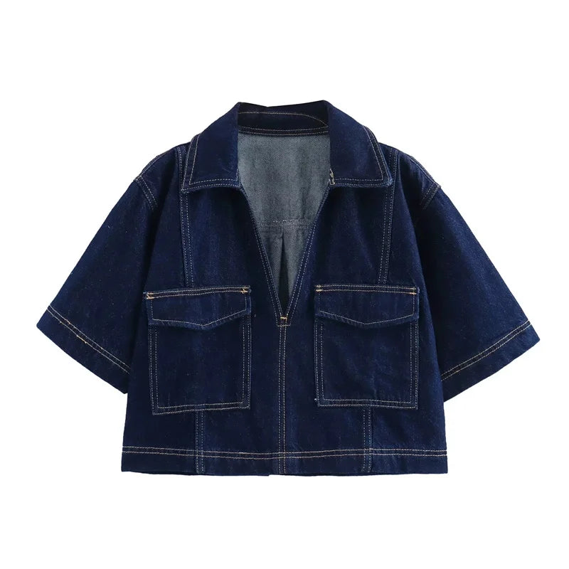 Women’s Blue Denim Sleeve Cropped Shirt | Summer Y2K Streetwear Top And Bottom Set | Stylish Casual Fashion Blouse