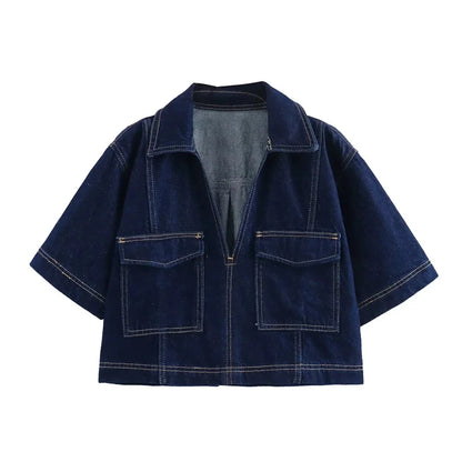 Women’s Blue Denim Sleeve Cropped Shirt | Summer Y2K Streetwear Top And Bottom Set | Stylish Casual Fashion Blouse