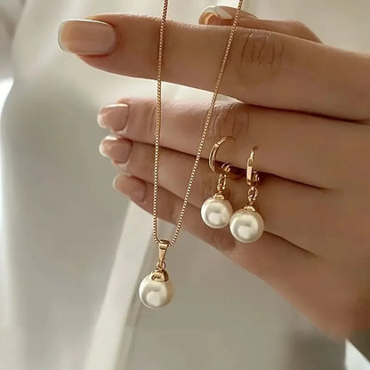 Women’s 3PCS Pearl Jewelry Set – Elegant Round Necklace & Earrings for Wedding or Gift