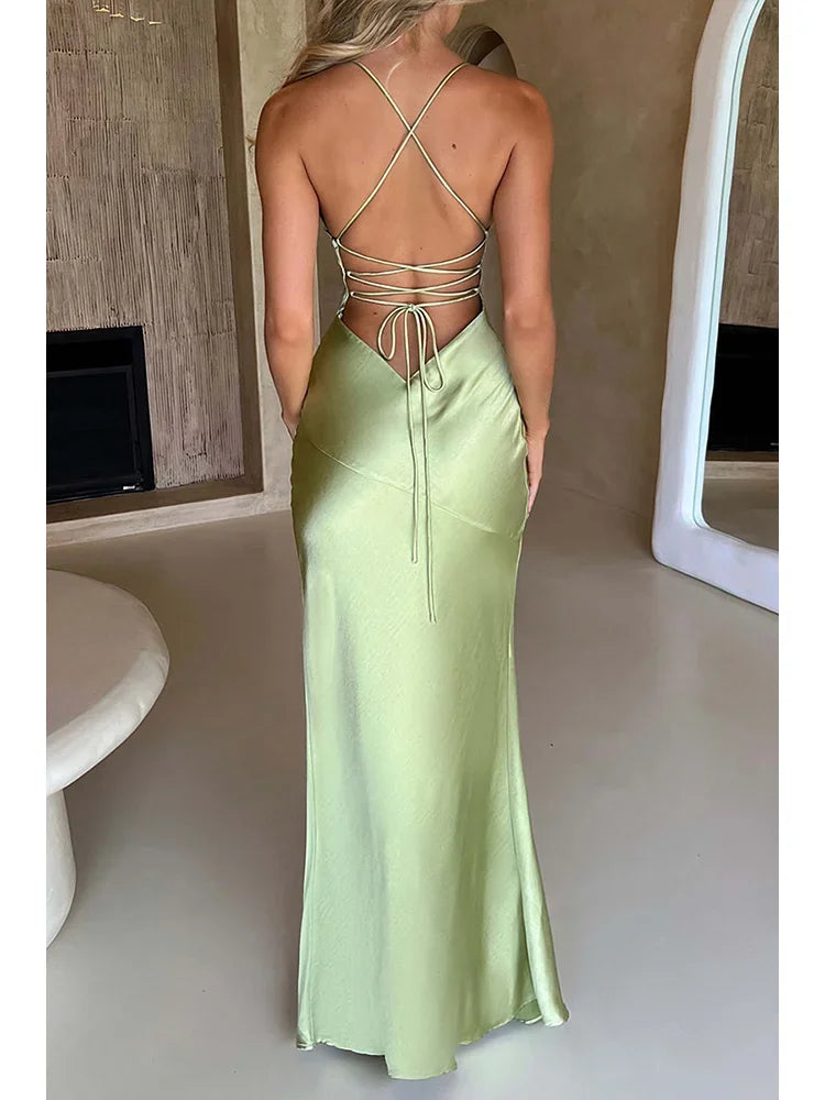 Women’s Satin Spaghetti Strap Dress – Elegant Backless Lace-Up Split Hem Long Party Maxi Dress