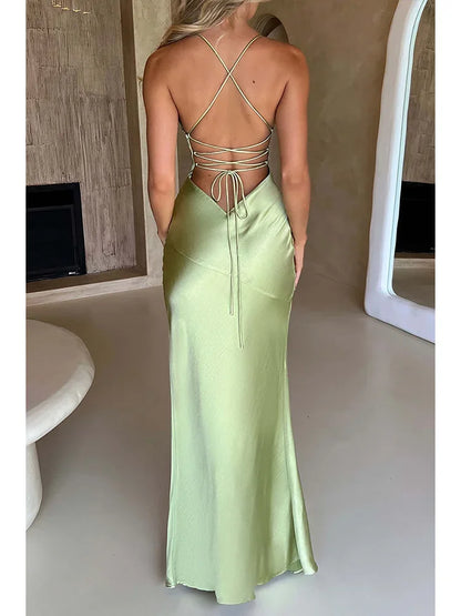 Women’s Satin Spaghetti Strap Dress – Elegant Backless Lace-Up Split Hem Long Party Maxi Dress