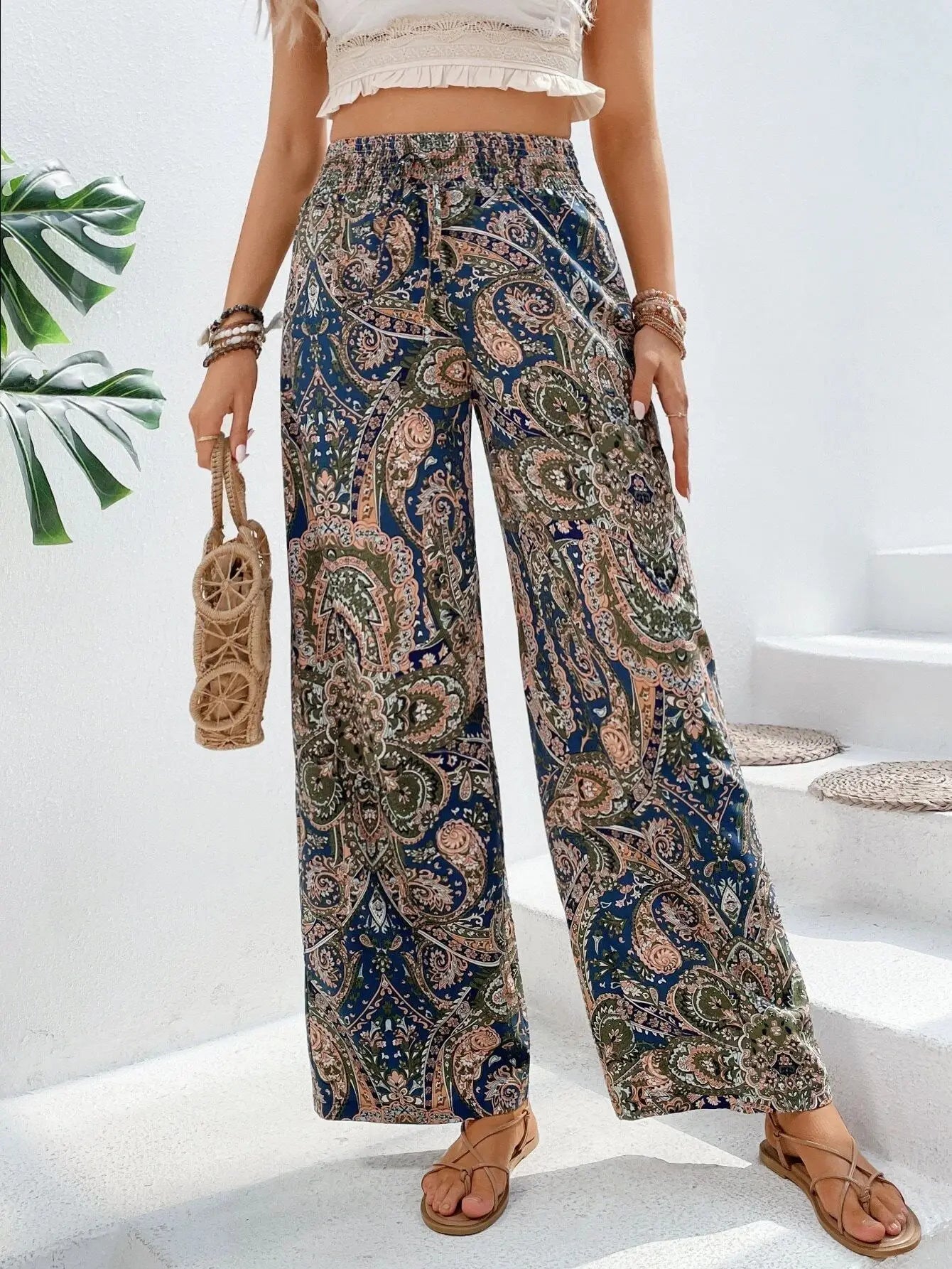 Women’s Summer Printed Pants Bottom – Elastic Waist Wide Leg Straight Trousers, Versatile & Breathable Streetwear