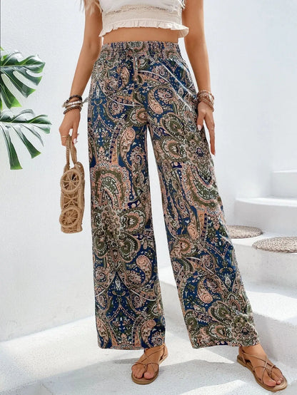 Women’s Summer Printed Pants Bottom – Elastic Waist Wide Leg Straight Trousers, Versatile & Breathable Streetwear