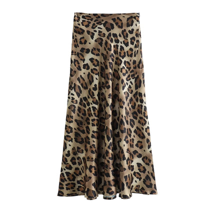 Women’s Leopard Print Midi Skirt Bottom – Vintage High Waist Elegant Summer Casual Streetwear Skirt