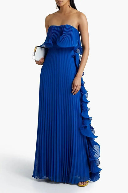 Women’s Strapless Pleated Dress – Elegant Ruffled Maxi Dress for Summer & Formal Events