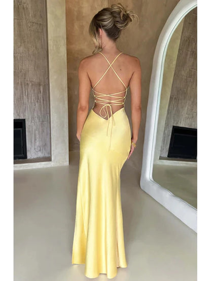 Women’s Satin Spaghetti Strap Dress – Elegant Backless Lace-Up Split Hem Long Party Maxi Dress