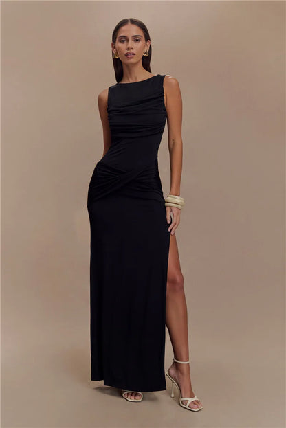 Women’s Backless Ruched Maxi Dress – Elegant Sleeveless High Split Summer Evening Gown