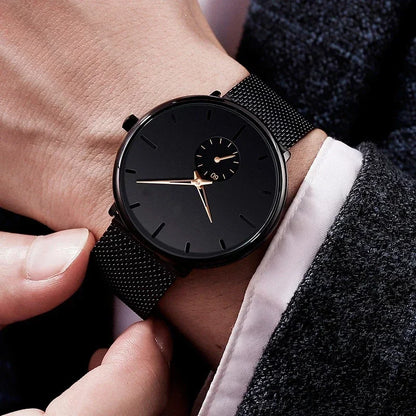 Men’s Ultra Thin Minimalist Watch – Leather & Stainless Steel Mesh Strap