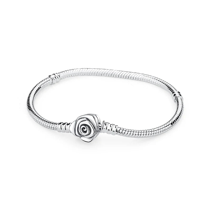 Women’s 925 Sterling Silver Bracelet – Rose Gold Snake Chain with Heart Charm Beads Jewelry