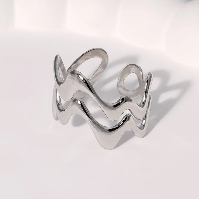 Women’s Irregular Wave Stainless Steel Ring – Adjustable Gold Color Statement Jewelry