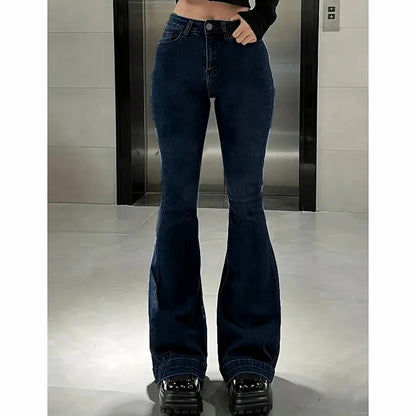 Women’s High Waist Flared Denim Bottom – Stretchy Bootcut Jeans with Bell Hem, Solid Color Casual Trousers