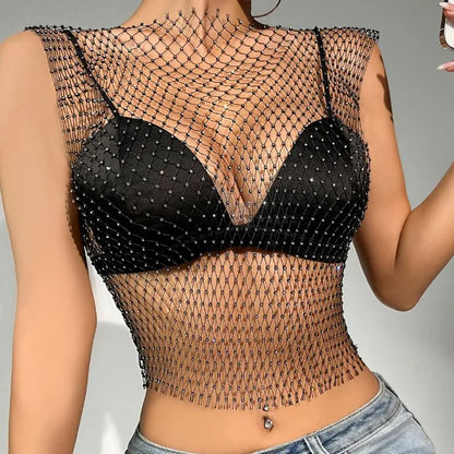 Women’s Sexy Shiny Fishnet Tank Top | Y2K See Through Crop Top | Summer Beach Party Top