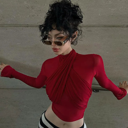 Women’s Red Turtleneck Bandage Crop Top | Sexy See-Through Streetwear Club Fashion Top