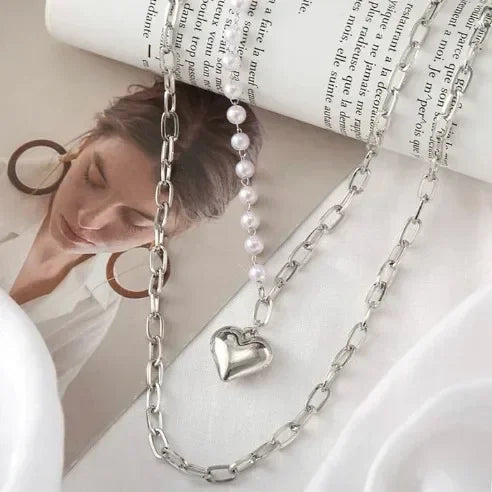 Women’s Jewelry Double Layer Heart Pendant Choker Necklace | Minimal | Silver Tone | Gift