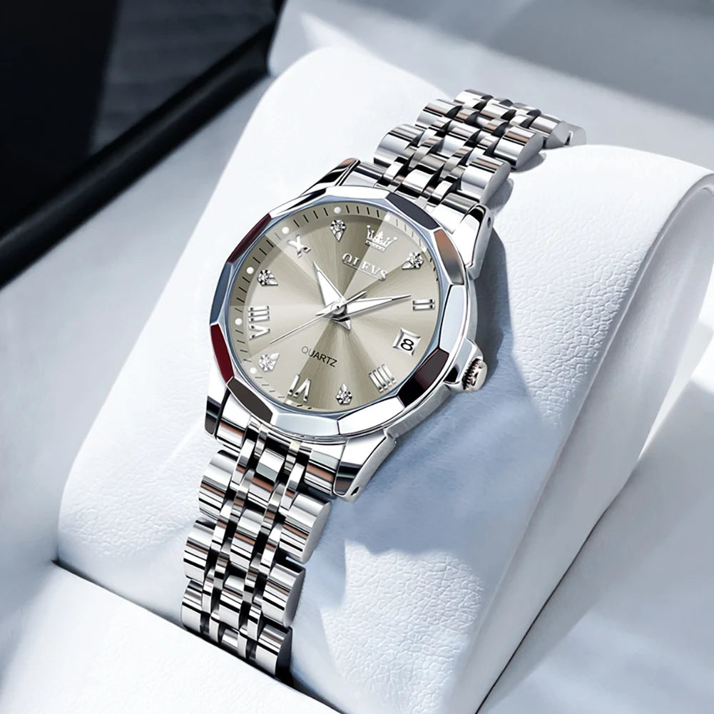 Women’s Luxury Stainless Steel Watch – Elegant Waterproof Luminous Date Watch