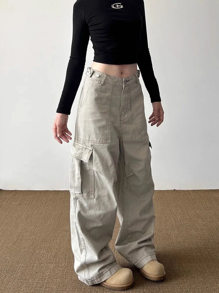 Women’s Y2K Light Khaki Baggy Cargo Jeans Bottom – Wide Leg Casual Streetwear