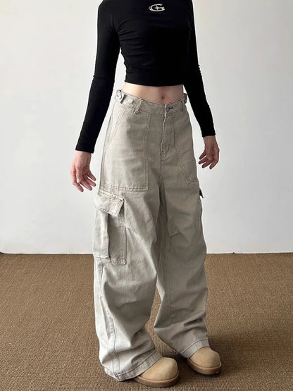 Women’s Y2K Light Khaki Baggy Cargo Jeans Bottom – Wide Leg Casual Streetwear