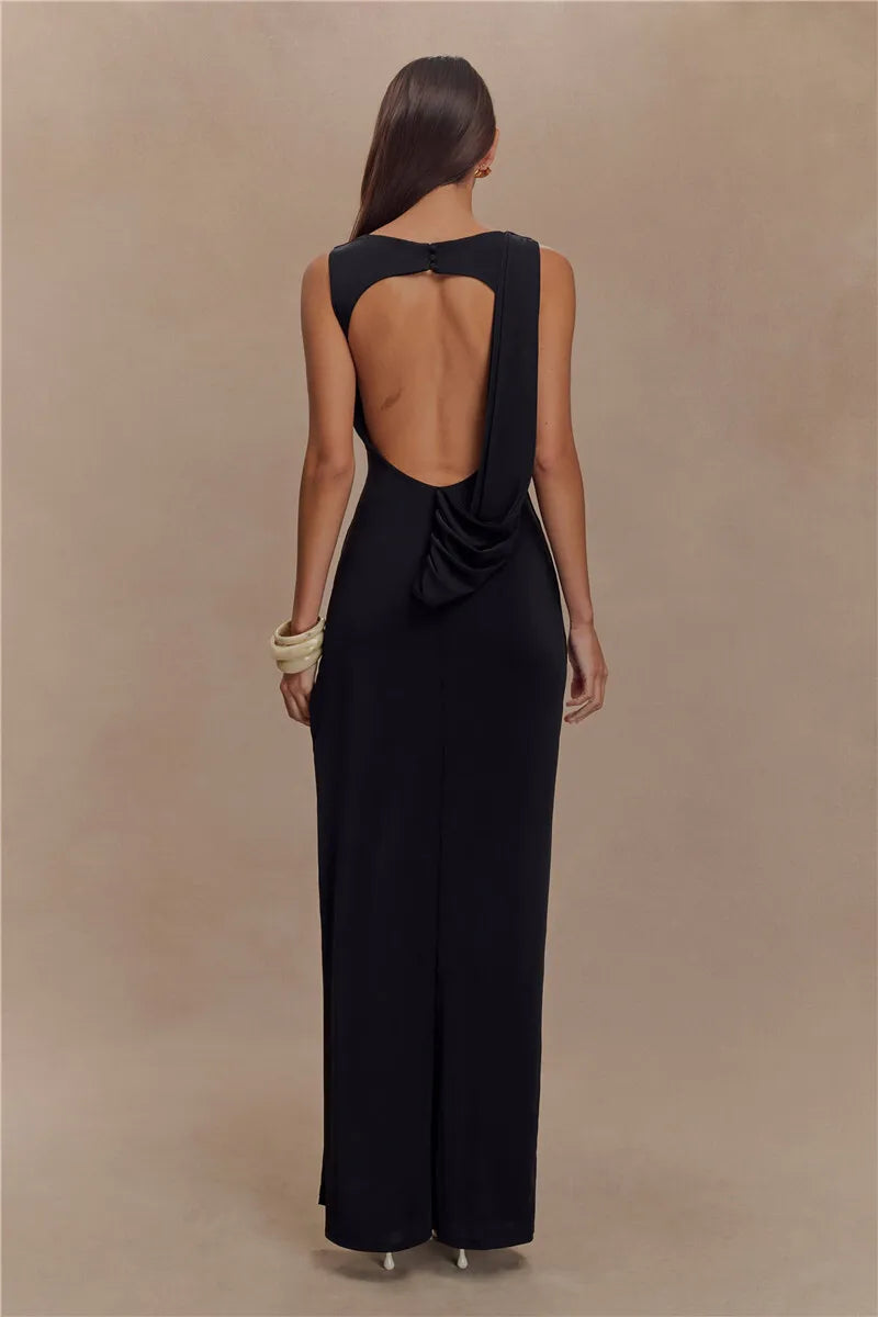 Women’s Backless Ruched Maxi Dress – Elegant Sleeveless High Split Summer Evening Gown