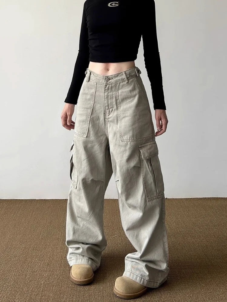 Women’s Y2K Light Khaki Baggy Cargo Jeans Bottom – Wide Leg Casual Streetwear