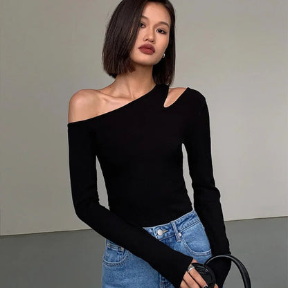 Women’s Skew Collar Off-Shoulder Long Sleeve Crop Top – Sexy Hollow Out Slim Fit Spring Top