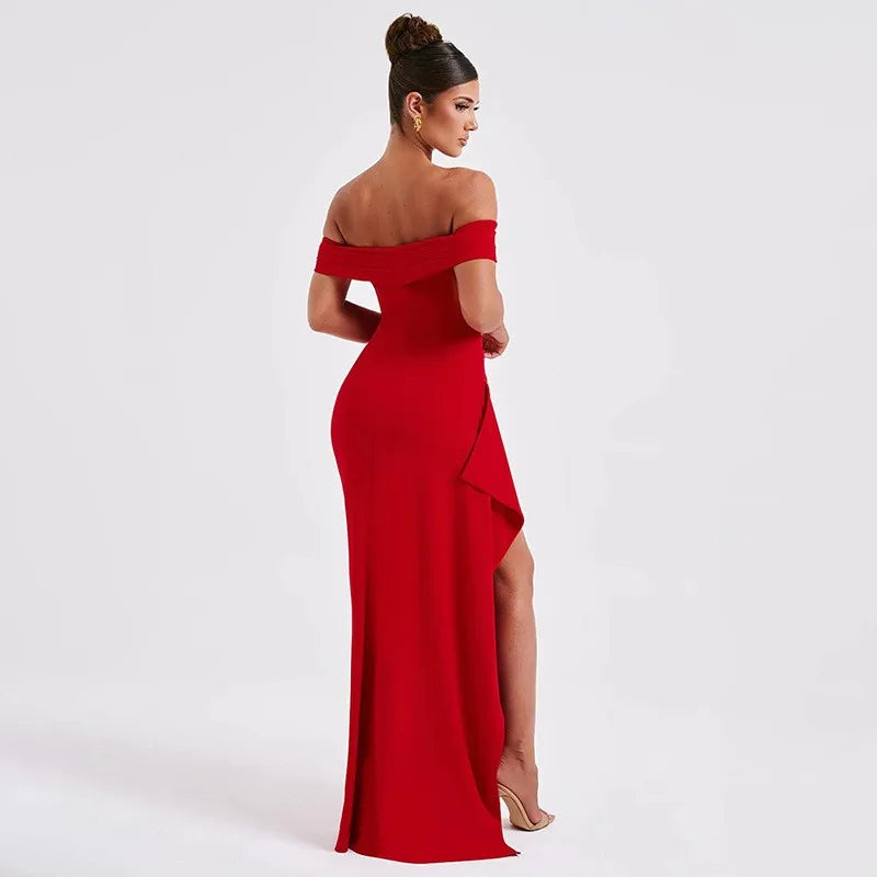 Women’s Off-Shoulder Evening Dress – Elegant High Slit Formal Maxi