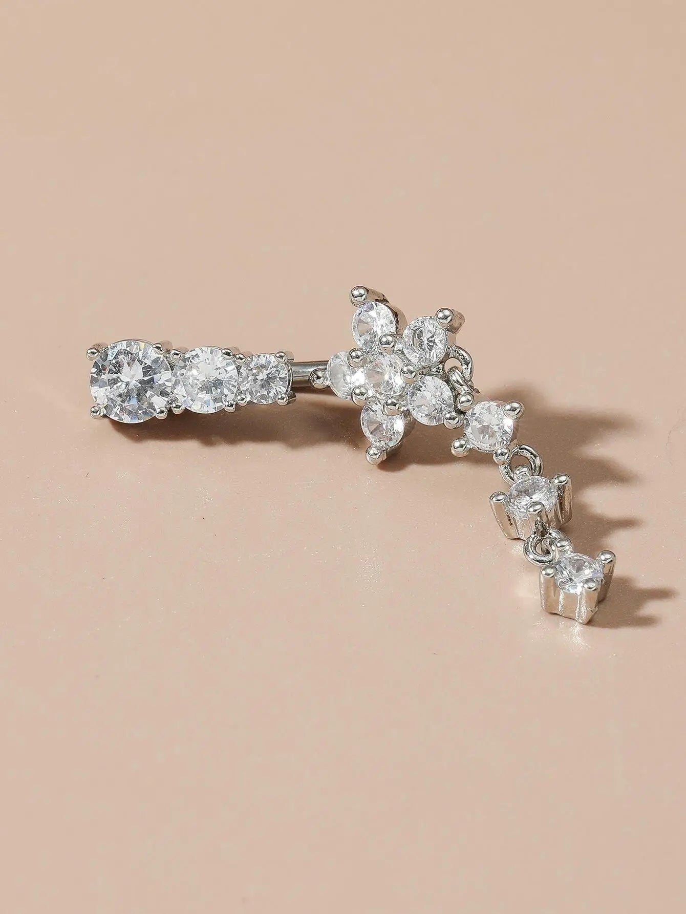 Women’s Gold Stainless Steel Belly Button – Long Dangle Flower CZ Crystal Navel Piercing Jewelry