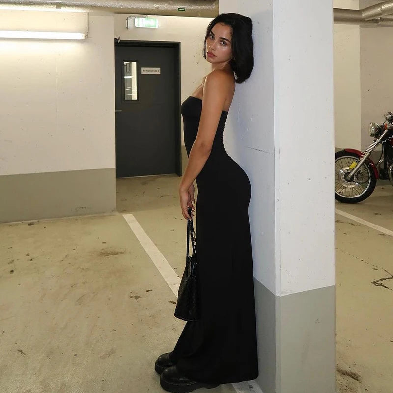 Women’s Black Strapless Long Sleeve Maxi Dress – Elegant Bodycon Evening & Party Outfit for Fall/Winter