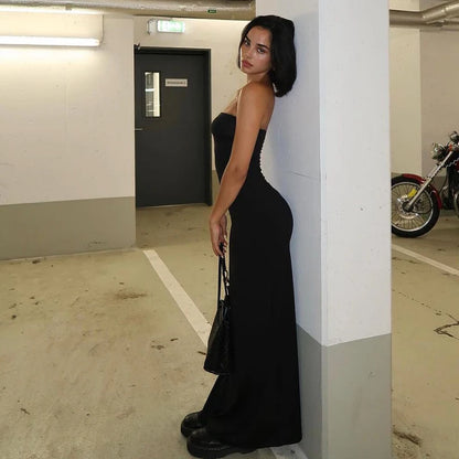 Women’s Black Strapless Long Sleeve Maxi Dress – Elegant Bodycon Evening & Party Outfit for Fall/Winter