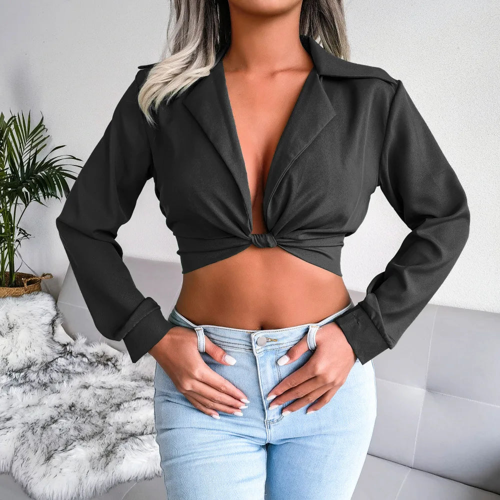 Women’s Sexy Long Sleeve Notched Crop Top | Khaki Slim Fit Short Top | Spring Autumn Casual Streetwear Tee