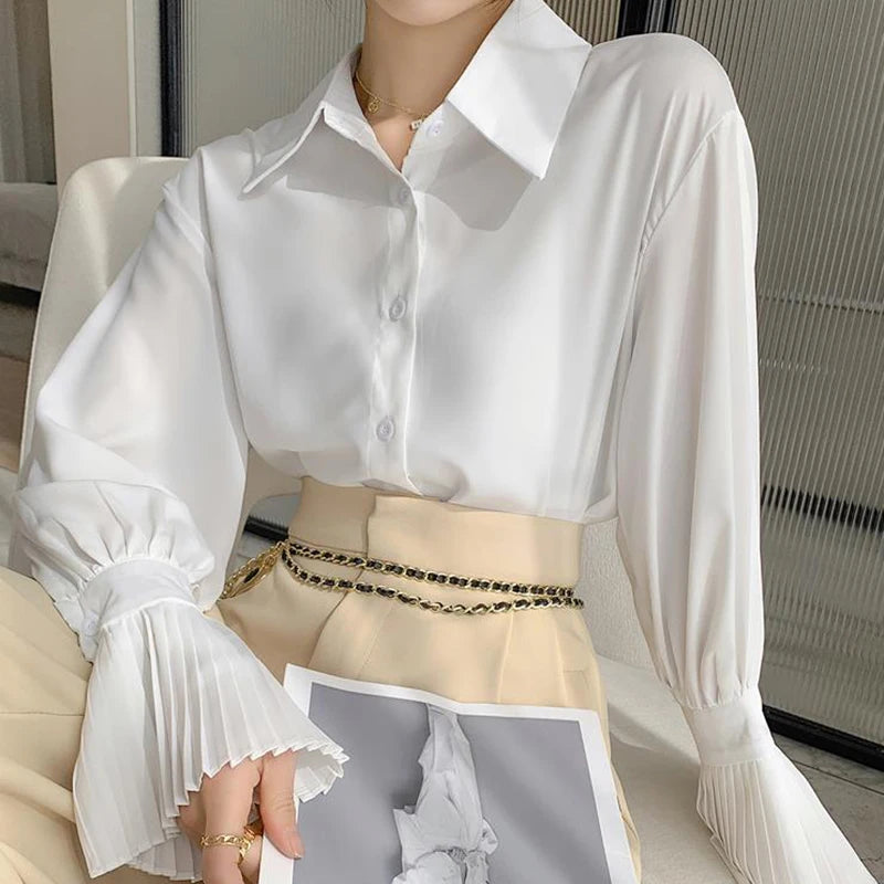 Women’s Flare Sleeve Button-Up Shirt Top – Elegant Office Blouse Fall Fashion
