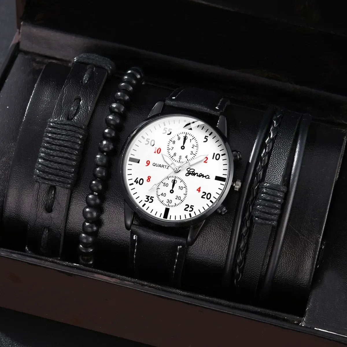 Men’s Luxury Watch Jewelry Set – Leather Strap Fashion Wristwatches Gift Pack with bracelet