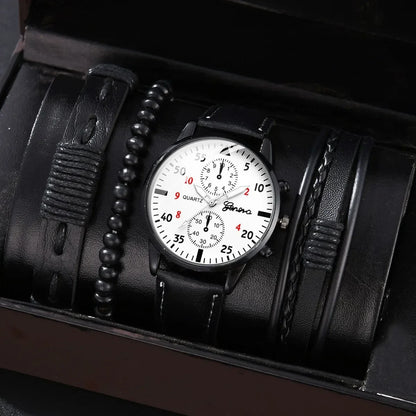 Men’s Luxury Watch Jewelry Set – Leather Strap Fashion Wristwatches Gift Pack with bracelet