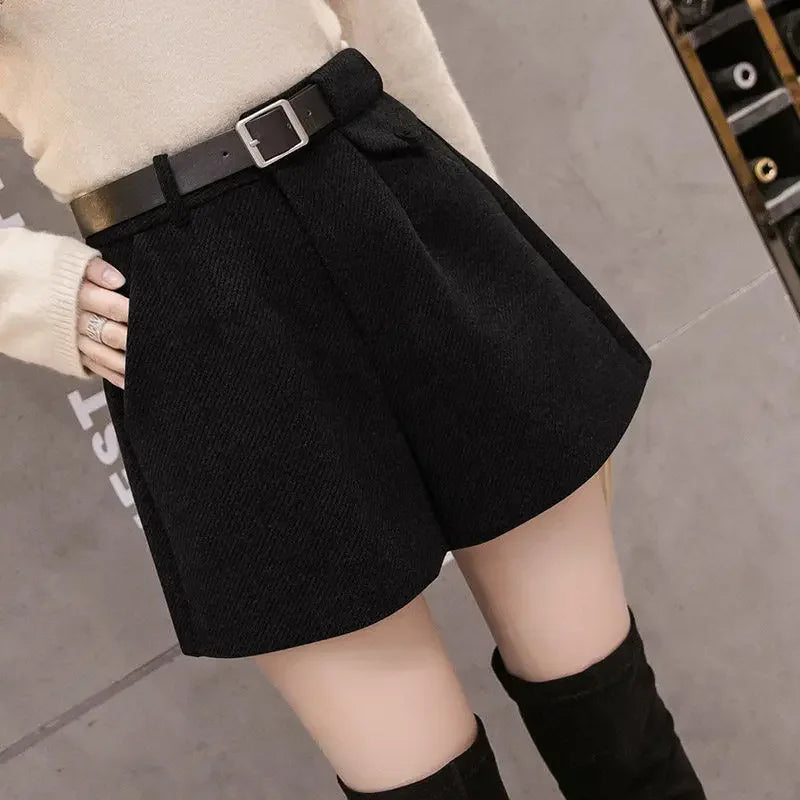 Women’s Woolen A-Line Shorts – High-Waisted Thick Winter Bootcut Casual Bottoms
