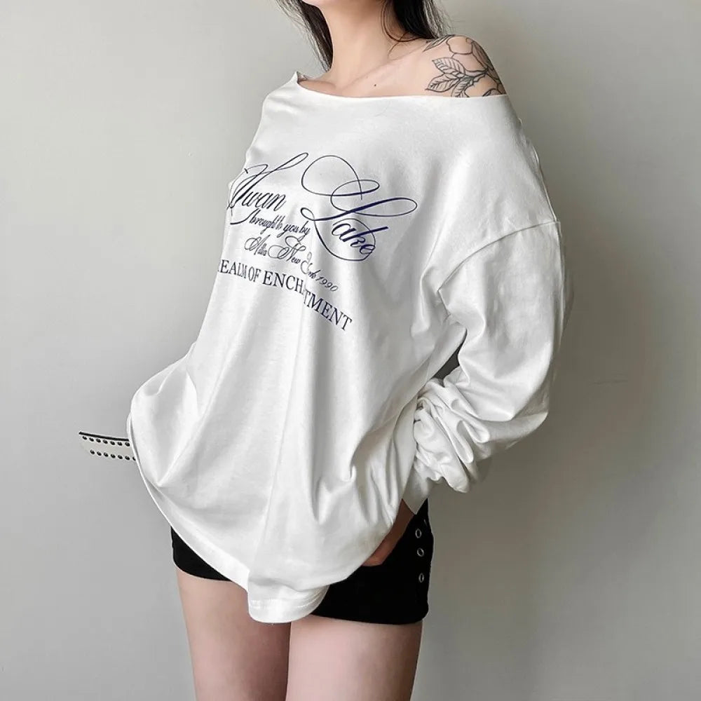 Women’s Asymmetrical Letter Print Strapless Long Sleeve Casual Top