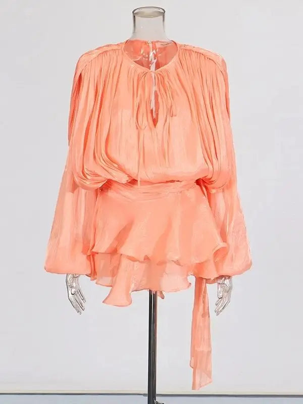 Women’s V-Neck Lace-Up Mini Dress – Long Sleeve Sweet Style Fashion Dress