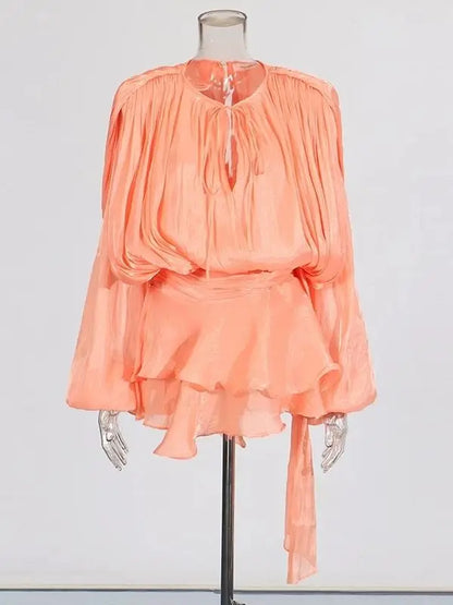 Women’s V-Neck Lace-Up Mini Dress – Long Sleeve Sweet Style Fashion Dress