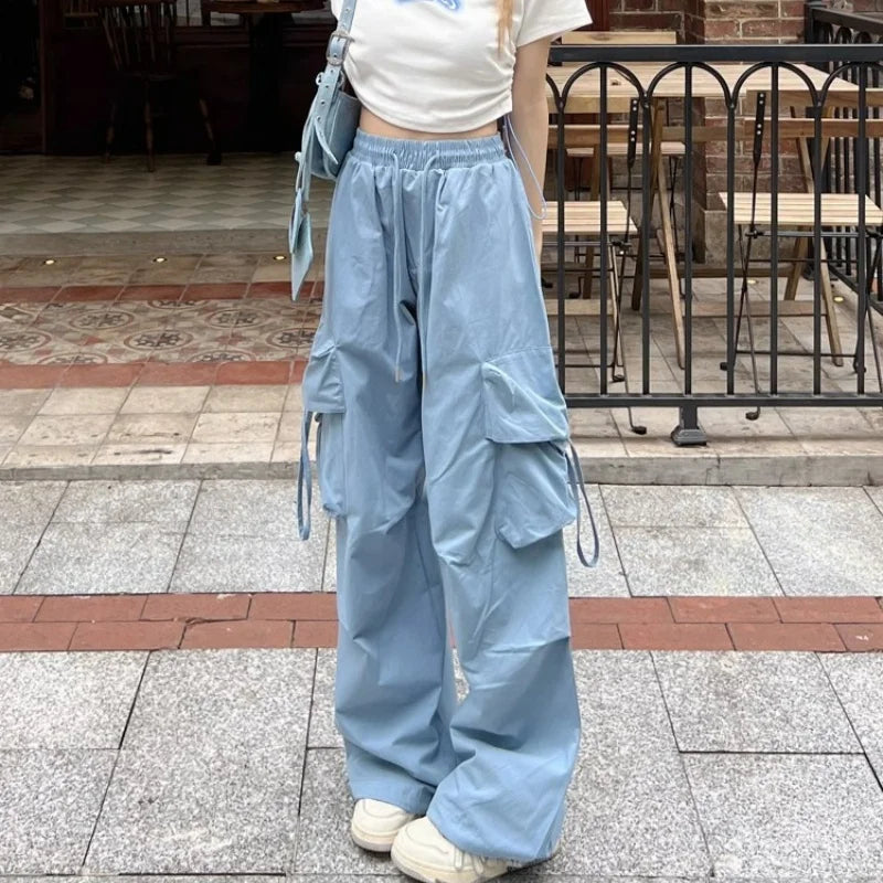 Women’s Vintage Cargo Sweatpants Bottom – Elastic Waist Oversized Wide Leg Baggy Trousers, Retro Streetwear Fashion
